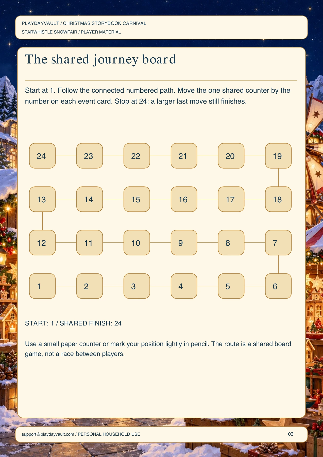 Actual player page from Snowfair Shared Journey Board: the cooperative journey board.