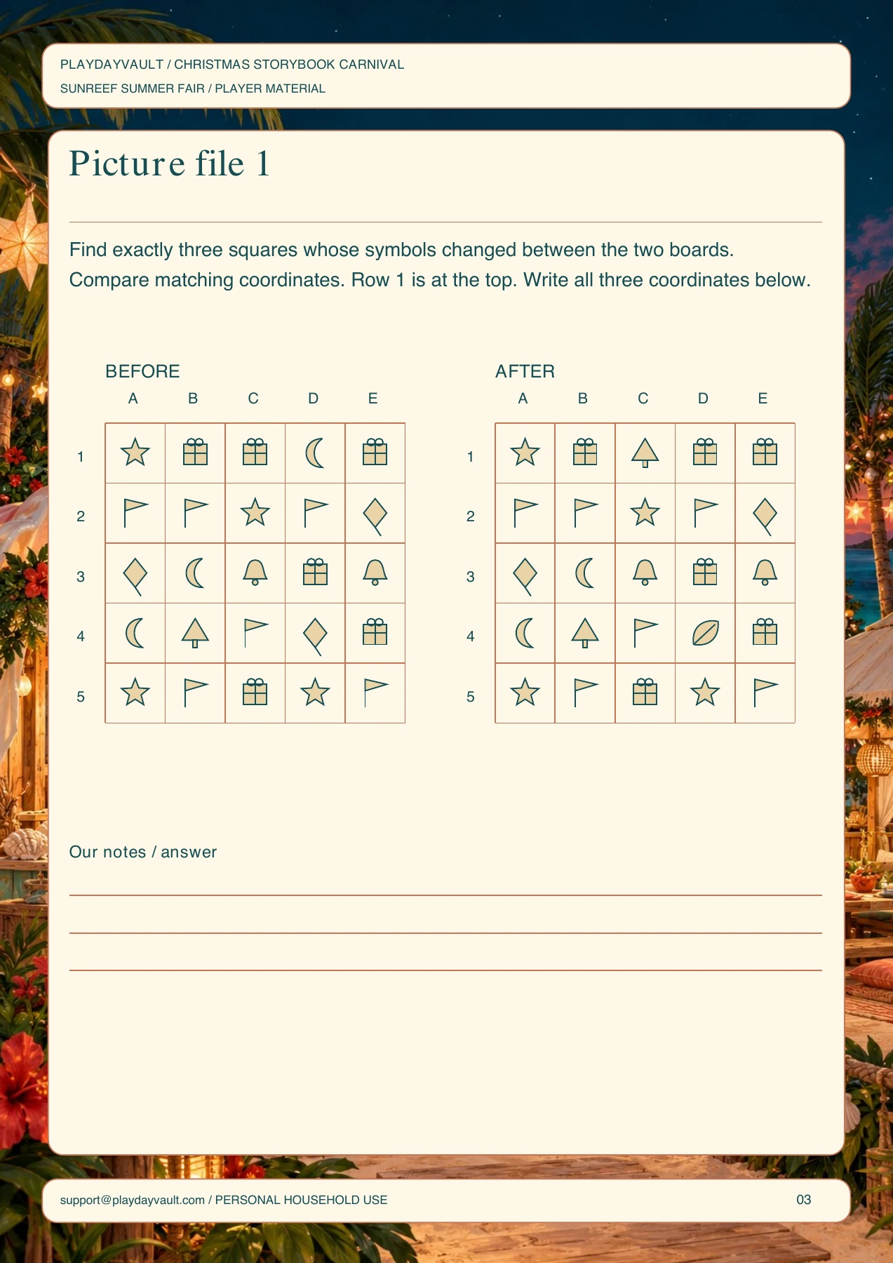 Actual player page from Sunreef Look-Twice Picture Files: a paired picture-noticing puzzle.