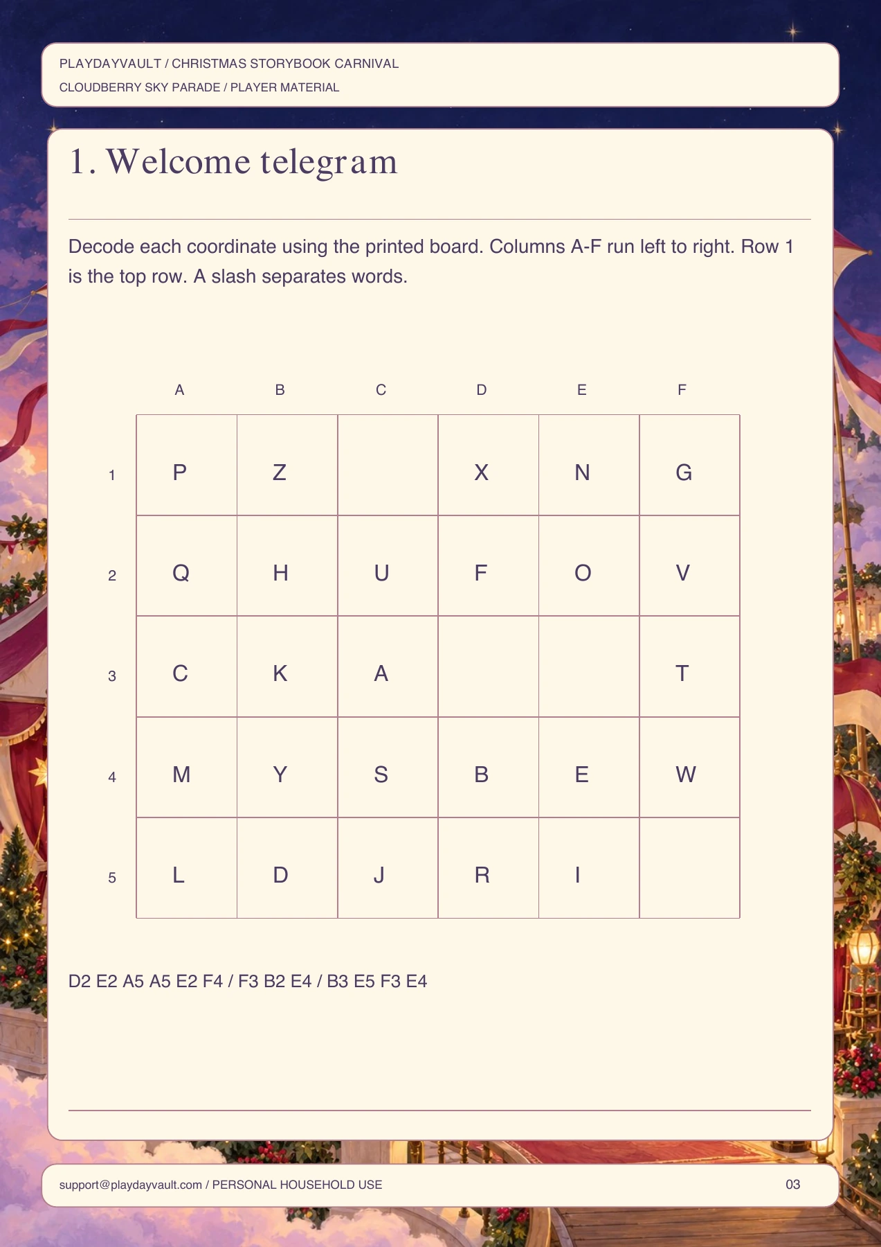 Actual player page from Sky Parade Picture-Code Studio: a coordinate-coded message.