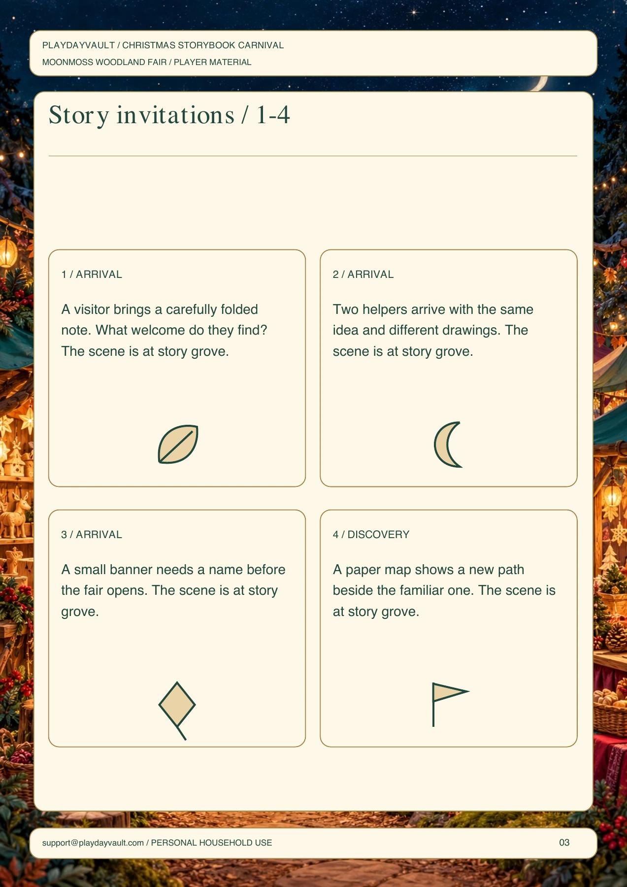 Actual player page from Woodland Fair Pocket Story Theatre: open-ended story invitation cards.