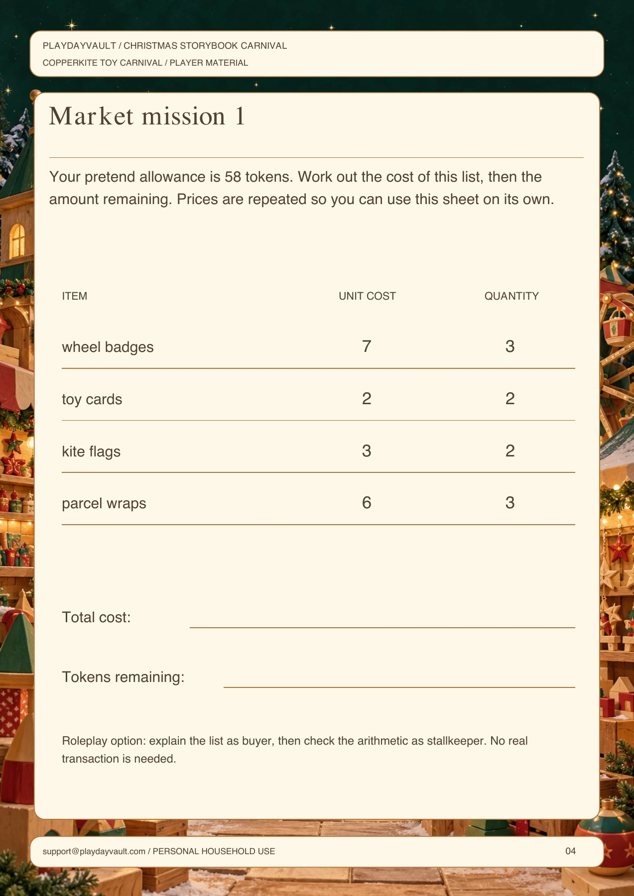 Actual player page from Toy Carnival Pocket Token Market: a pretend-token shopping mission.