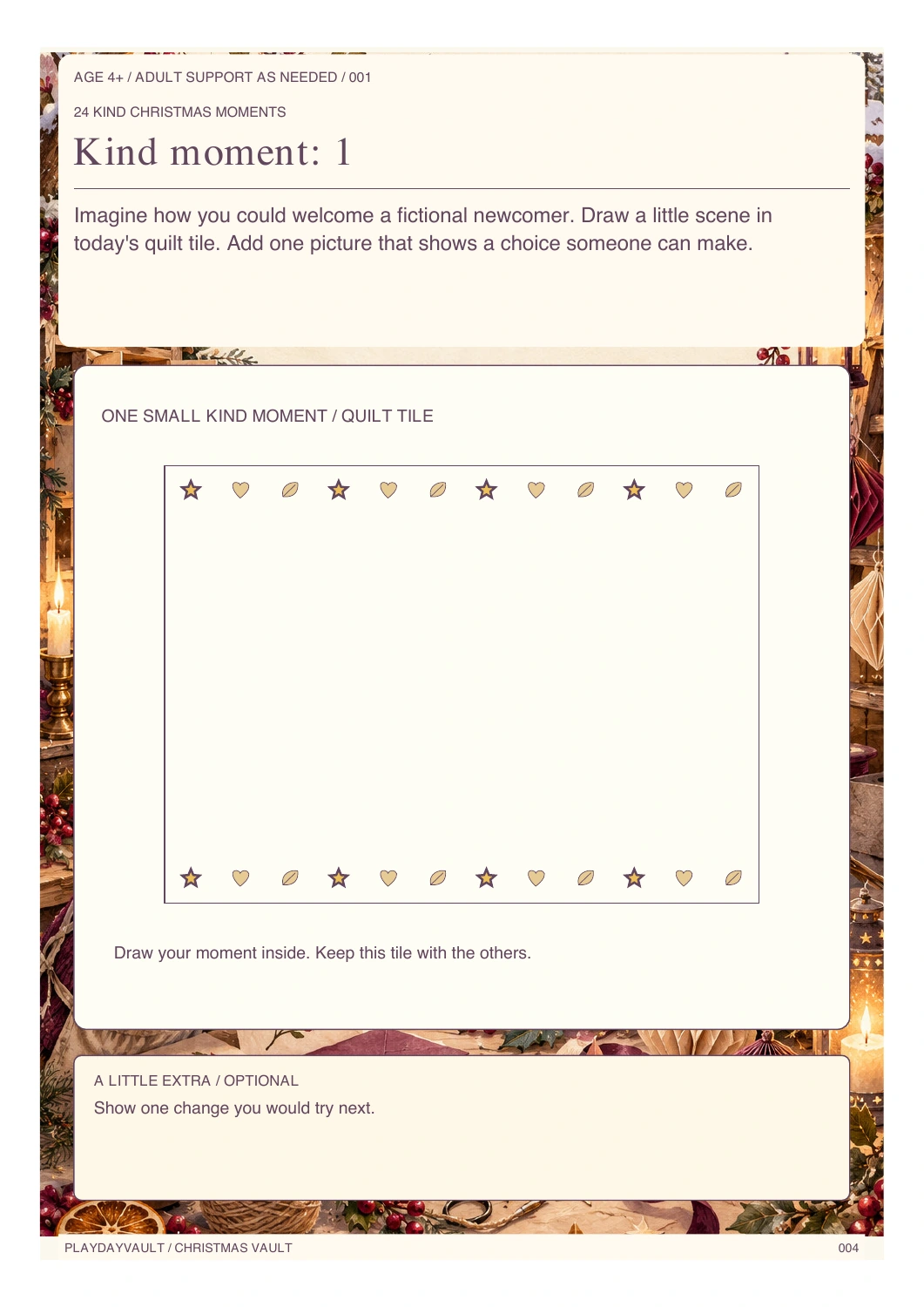 Actual player or planner page 4: 24 Kind Christmas Moments.