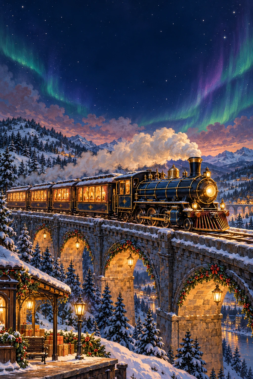 Original illustration of a warm-lit Christmas train crossing a snowy viaduct under the aurora