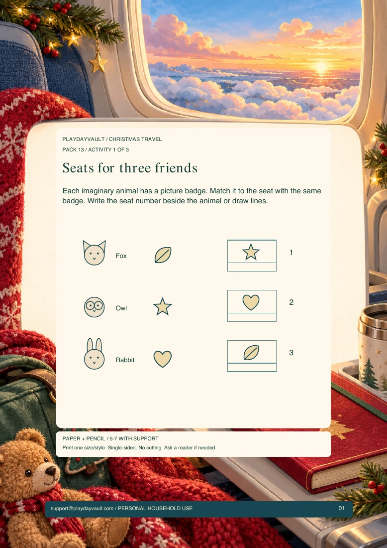 Actual player page from The Paper Cabin: Seats for three friends.