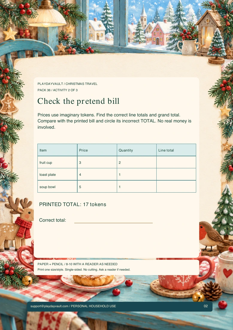 Actual player page from The Cafe Order Mix-Up: Check the pretend bill.