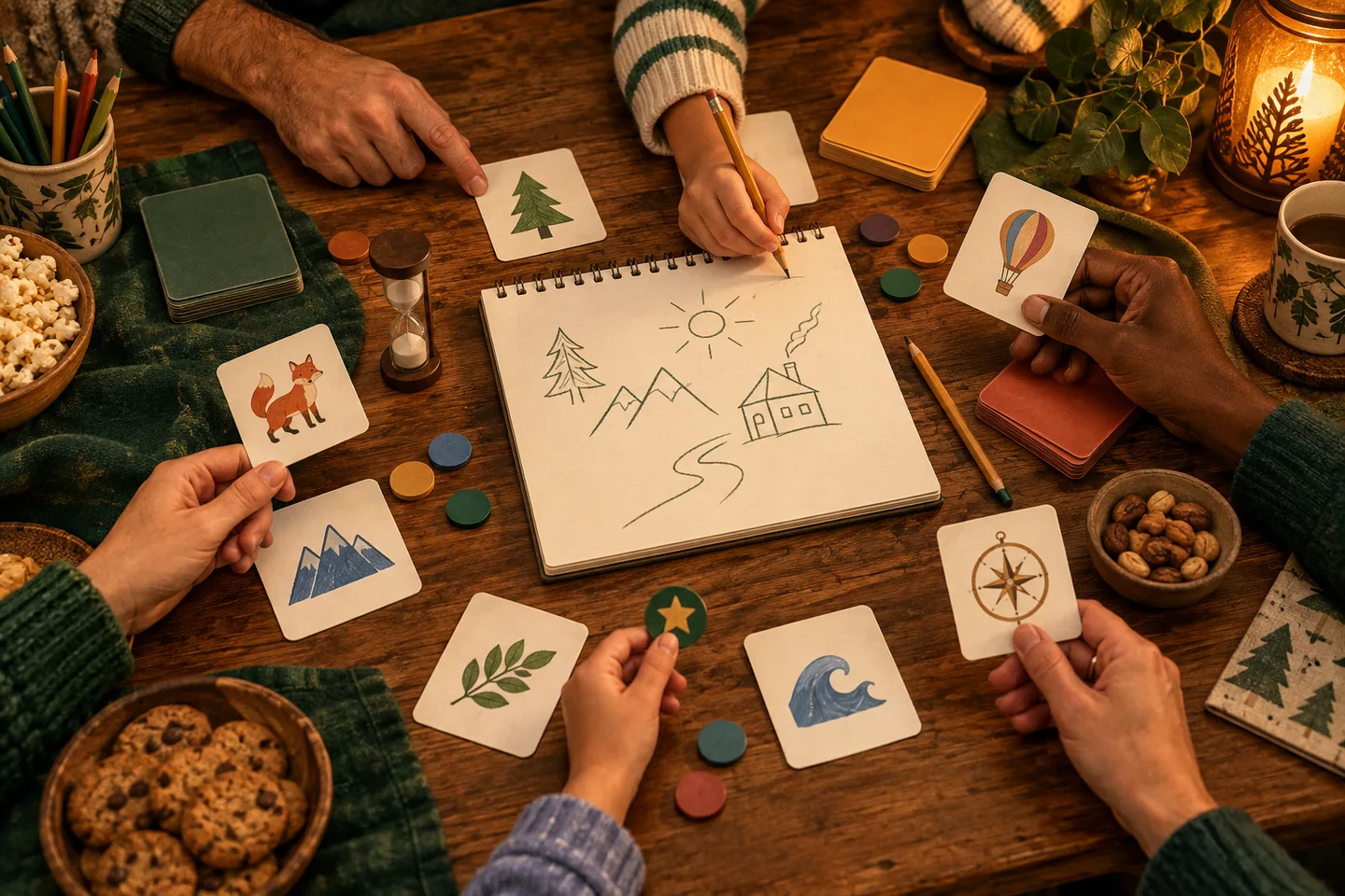 A family sharing paper games around a table