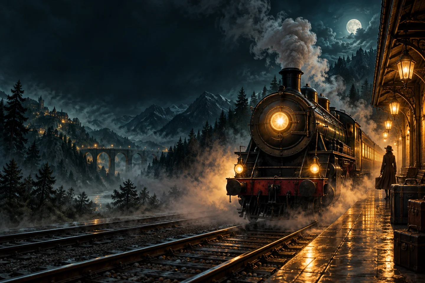 A mysterious midnight train arrives at a lantern-lit station