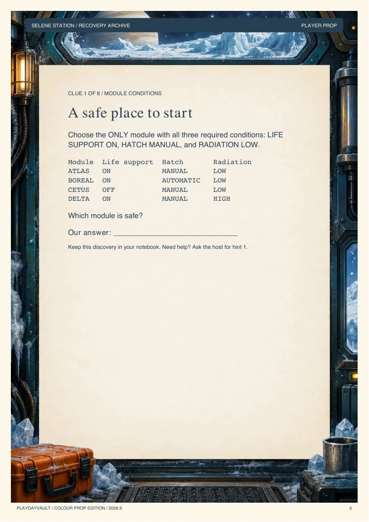 A real page from the game: Reopen the Selene recovery archive.