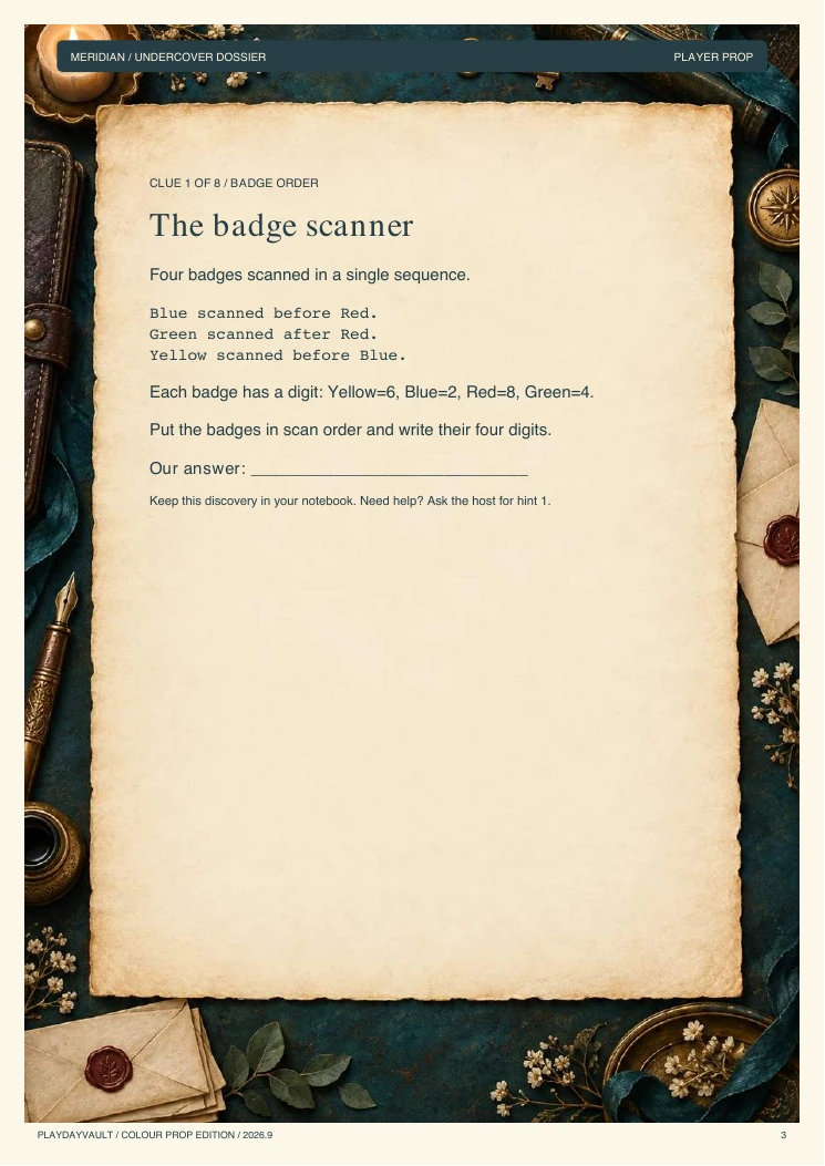 A real page from the game: Open the Meridian dossier.
