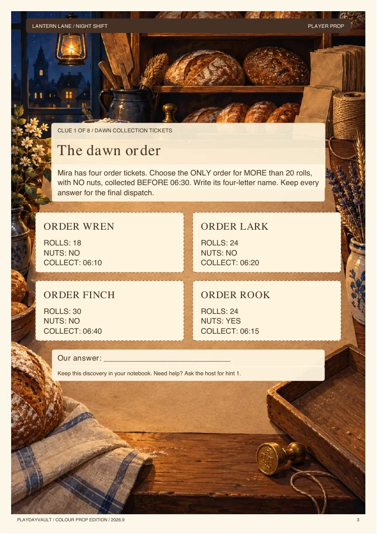 A real page from the game: Your table becomes the night-shift bakery.