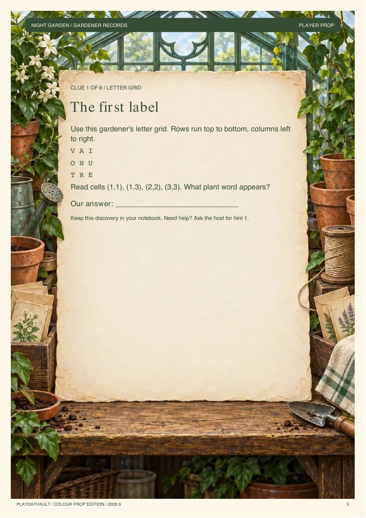 A real page from the game: Prepare the night garden.