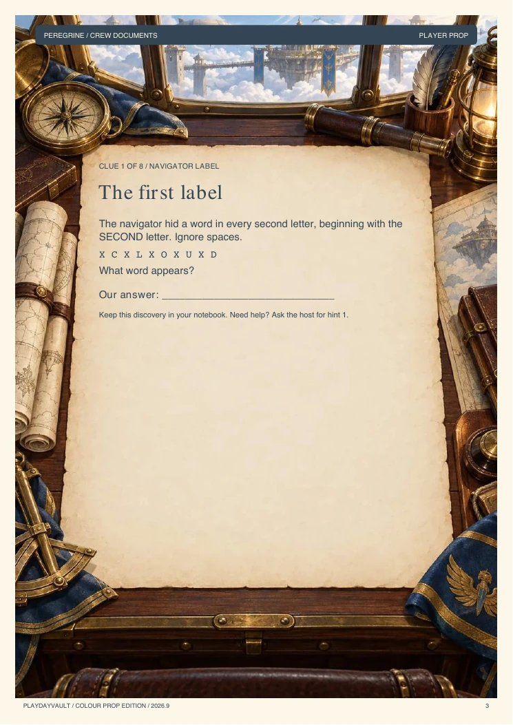 A real page from the game: Open the Peregrine crew papers.