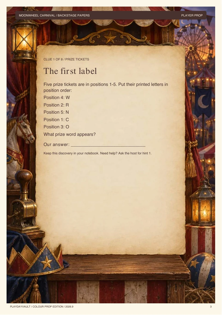 A real page from the game: Open the Moonwheel backstage papers.