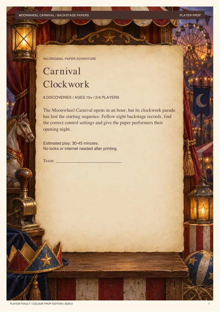 Your player booklet: Open the Moonwheel backstage papers.