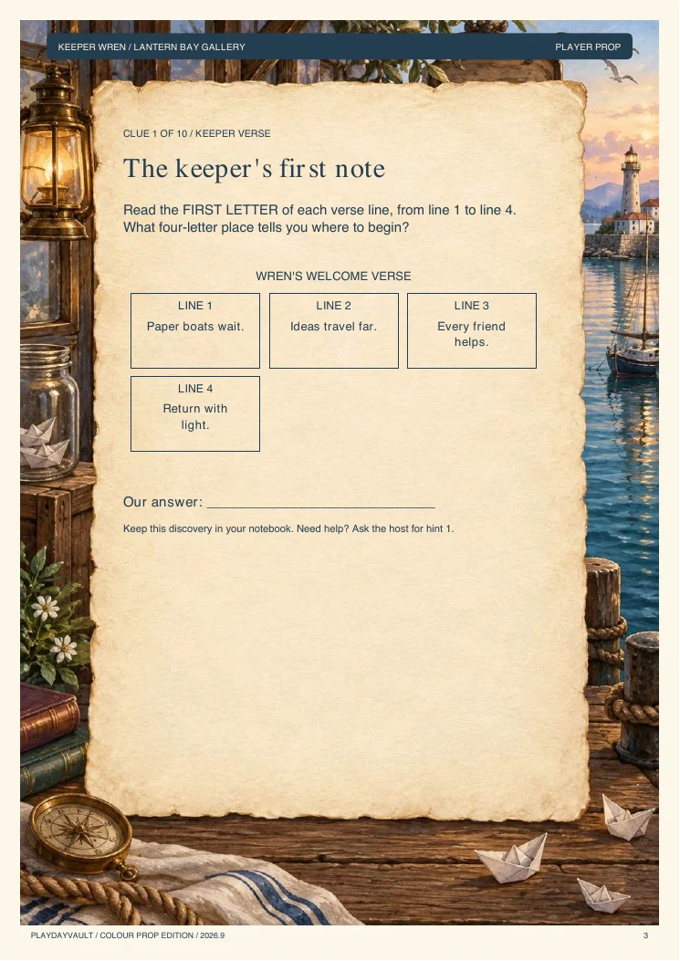 A real page from the game: Bring the gallery’s light home.