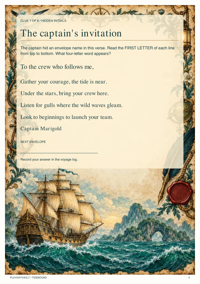 A sample from the printable player pack: the captain's invitation, an illustrated page with a four-line verse and space for an answer.